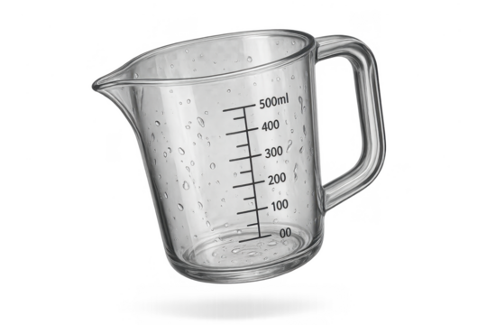 Clear glass measuring cup with water drops, isolated, transparent background