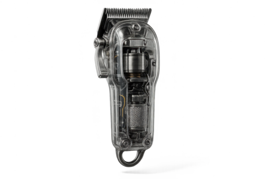 Hair clipper with transparent casing revealing internal mechanics, isolated.