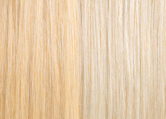 blond hair, long glossy straight hair, macro hair texture, before after, effect of purple shampoo,...