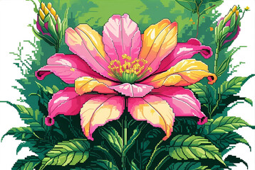 Vibrant Pink and Yellow Tropical Flower Pixel Art