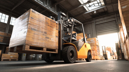 Forklift moving wooden pallets in a warehouse at sunset