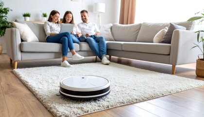 Family relaxing while robot vacuum cleans