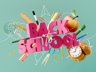Back To School text and school accessories on green background. Back To School concept design with text. 3D Rendering, 3D Illustration	
