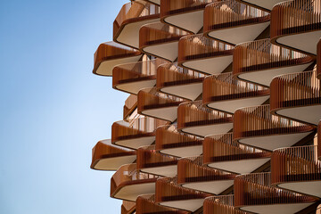 View of balconies on modern building exterior.