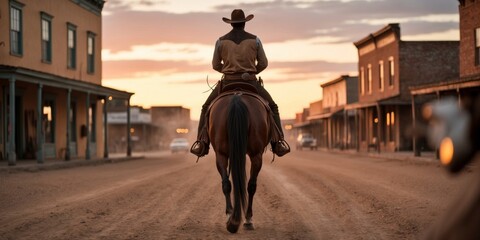 A lone cowboy rides a horse down a dusty western town street at sunset.