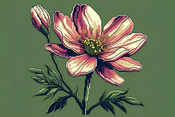 Pink Anemone Flower Pixel Art on Green Background