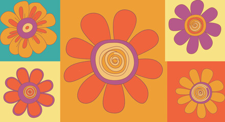 Retro Flower Power Pattern with Orange Petals and Swirling Center