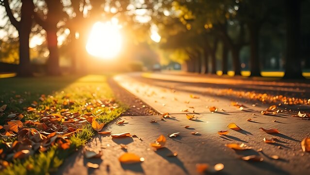 Sunlit park pathway with scattered autumn leaves, warm golden hour lighting, peaceful atmosphere.