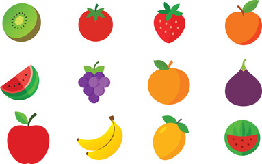 Set of Colorful fruits vector. Editable eps file illustration Apple, Bananas, Cherry, Fig, Grapes, Kiwi, mango, Nectarine, Orange, Strawberry, Tomato, Watermelon