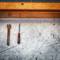 Workbench with tools including a socket wrench and screwdriver