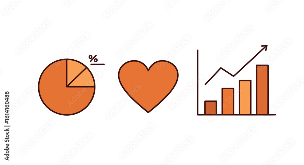 Poster orange data icons with heart shape representing analytics and growth