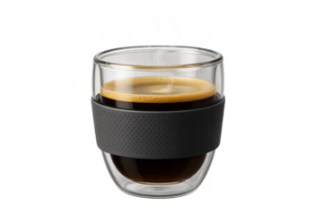 Hot coffee in double-walled glass cup with black sleeve, isolated on transparent background