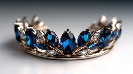 This striking image presents an elegant crown embellished with deep blue gemstones, beautifully set against a blurred backdrop, exuding sophistication and royal charm.