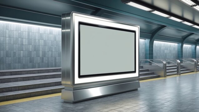 A blank digital billboard in a modern subway station, ready for advertising.