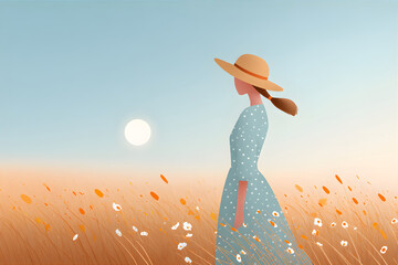 Woman in large hat walking through a summer field with flowers and sun. Beautiful pastel illustration for nature.