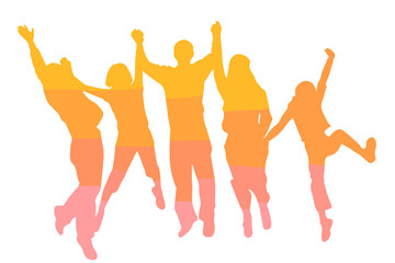 Team huddle silhouette with raised hands in gradient style, orange and pink tones, excitement before the match, words + concept