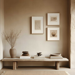 35 mm photo of a beautifully curated modern living room with neutral tones soft natural light and a minimalist aesthetic A gallery wall is the main focus featuri