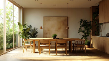 A rustic dining table in a warm and inviting room with natural wood decor soft lighting plants and a feature wall with textured wallpaper or a large painting no peo