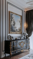 A Frenchstyle sideboard cabinet with gold and black accents placed in the living room of an apartment features elegant decorative elements such as gilded edges on i