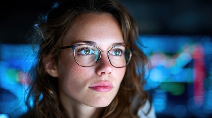 A young woman with glasses gazes thoughtfully, surrounded by vibrant data visualizations, representing analytical thinking and concentration in a tech-savvy environment.