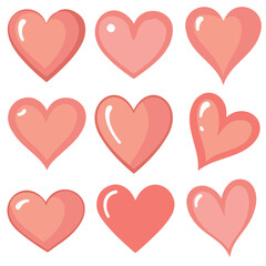Colorful collection of nine glossy hearts in various shapes  