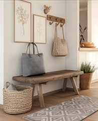 Bohostyle entryway design with a wooden bench woven baskets for storage and pastelcolored posters on the wall above the baskets A gray tote bag hangs from one of th