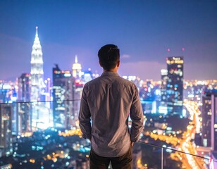 A young person standing on a rooftop, looking over a glowing city skyline at night, with neon lights 

