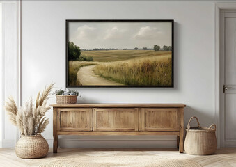 large landscape frame above console no flowers modern farmhouse
