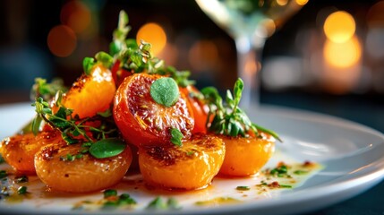An artistic presentation of roasted apricots garnished with fresh greens on a white plate, exemplifying gourmet cuisine and inviting flavors in a delightful arrangement.