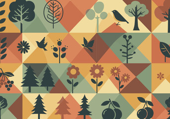 Retro Geometric Pattern with Trees Flowers and Birds in Earthy Tones