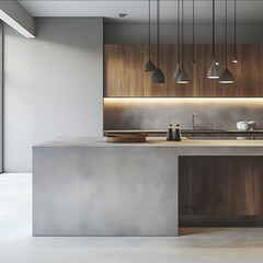 modern kitchen clean bright cement counter light color front view photo