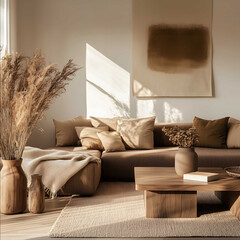 modern living room brown sectional sofa beige cushions wooden coffee table dried pampas grass in a vase A little sunlight trickled out of the window wallmounted abs