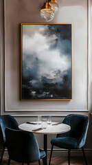 a restaurant with light walls modern style a huge rectangular painting in a golden frame and a shadow from the frame on the wall above the table soft lighting soft