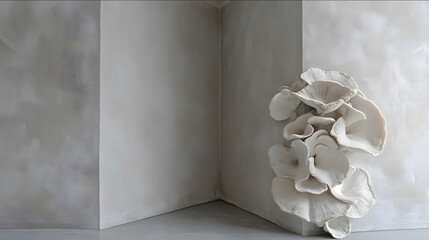 Corner of a room with white grey walls symmetrical Filling up the space 5 meters height camera is at 4 meters height oyster mushrooms proliferating across the wa