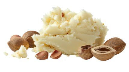 A scoop of shea butter with nuts and shells isolated on transparent background