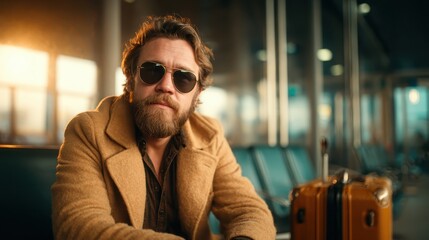 A stylish man exudes confidence in an airport lounge setting, sporting sunglasses and a trendy coat, with a warm sunset glow illuminating the background.