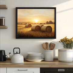 Painting in a black wooden frame on the wall depicting an early morning sunrise over hay bales in British mudflat fields with warm colors and a light beige backgroun
