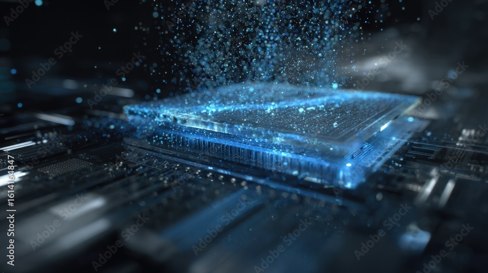 Poster quantum processor computing data with vibrant light particles and cutting edge technology, illustrat