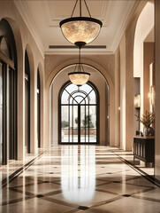 Luxurious modern highend interior design with a wide hallway featuring a patterned tile floor and tall ceilings The color palette is neutral with black accents A ro