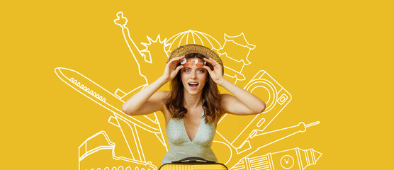 This spirited traveler is preparing for a summer getaway, featuring a suitcase and travel accessories against a vibrant yellow background. The excitement of adventure fills the air.