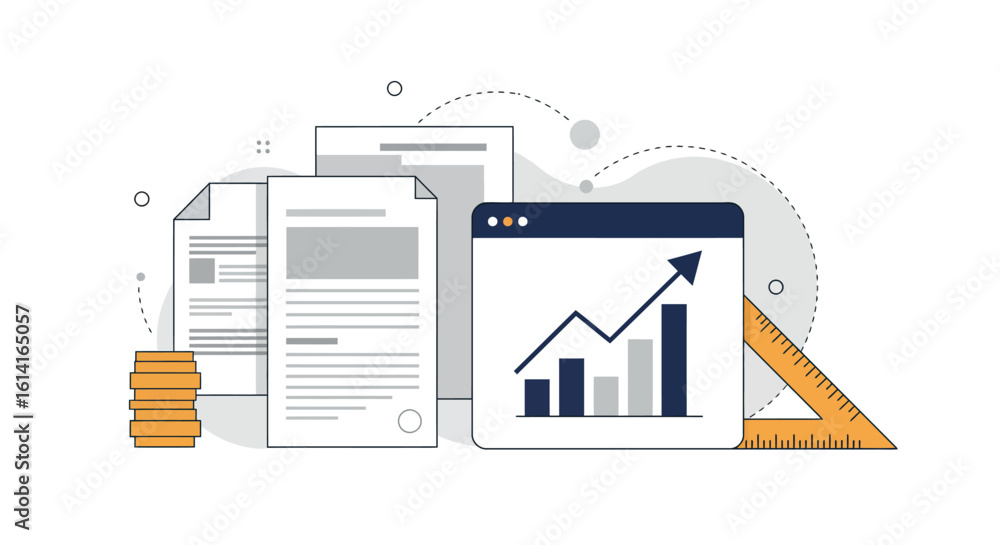 Poster abstract business analytics and financial growth concept with line graph and documents