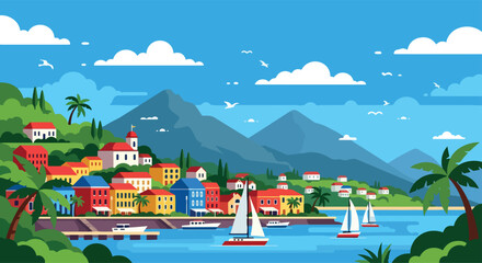 Adobe Illustrator Artwork flat style picturesque illustration of a charming coastal town nestled by the sea with colorful houses, boats in the harbor, and majestic mountains in the background