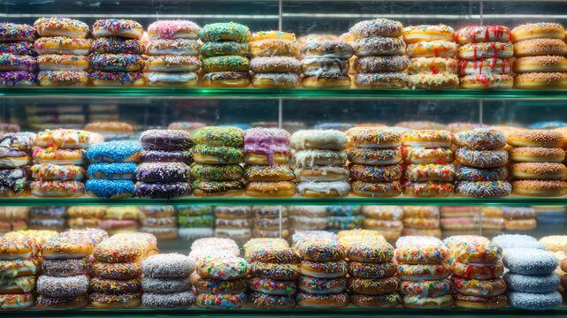 Colorful donut display with rotating shelves in a bakery setting