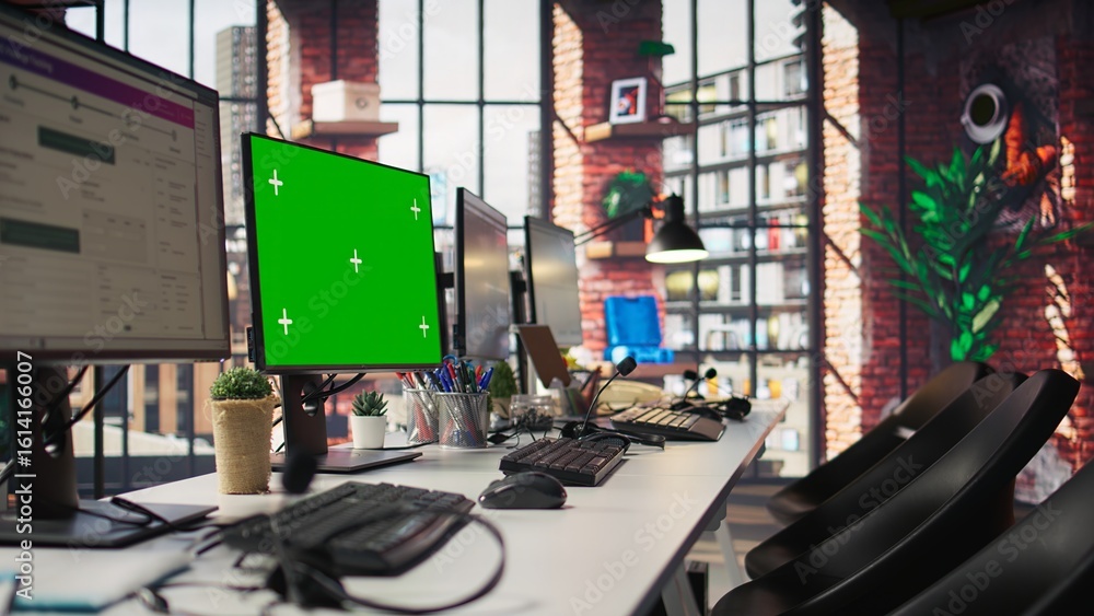 Poster customer support office with green screen pc used to assist customers with technical issues and diag