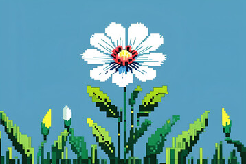 Simple White Daisy Pixel Art in a Green Field