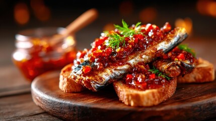 This appetizing dish features grilled fish topped with a vibrant sauce, perfectly plated on crunchy toast, showcasing a fusion of flavors and culinary artistry.