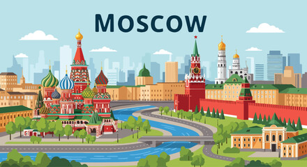 Adobe Illustrator Artwork flat style picturesque illustration of the vibrant Moscow cityscape featuring the iconic Kremlin and St. Basil's Cathedral with their colorful domes and spires