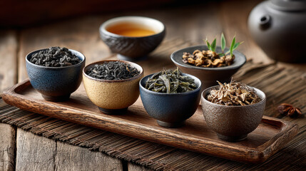 Diverse selection of loose leaf teas in rustic ceramic bowls with traditional teapot on wooden table setting