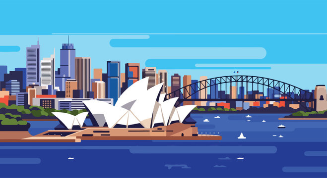 Adobe Illustrator Artwork flat style picturesque illustration of the stunning Sydney cityscape featuring the iconic Opera House and Harbour Bridge against a bright blue sky and water