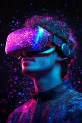 Young adult experiencing virtual reality with colorful vr headset in immersive digital universe